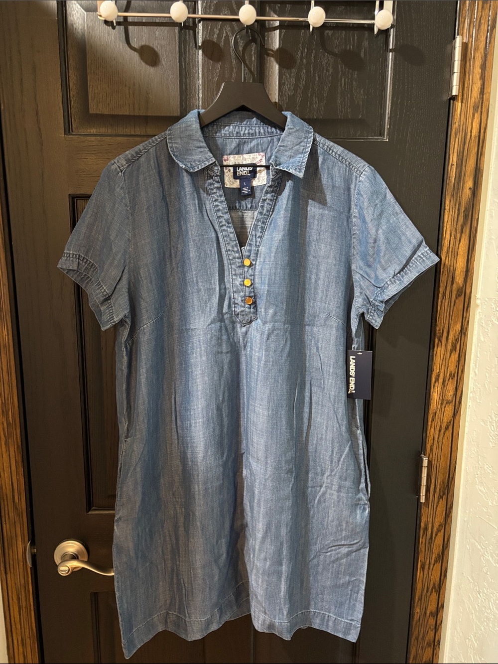 Lands' End Women's Light Blue Chambray Button-Front Shirt Dress